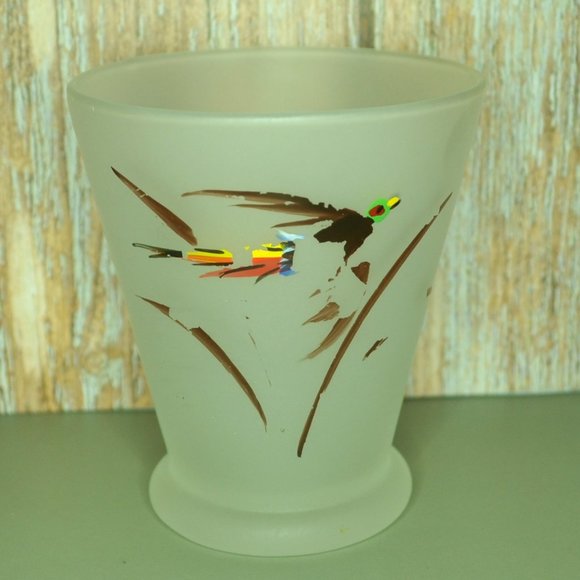 Set Of 5 Frosted Drink Glasses Stylized Bird Motif 3 Inch Tall Home And Camp MCM - Picture 6 of 11